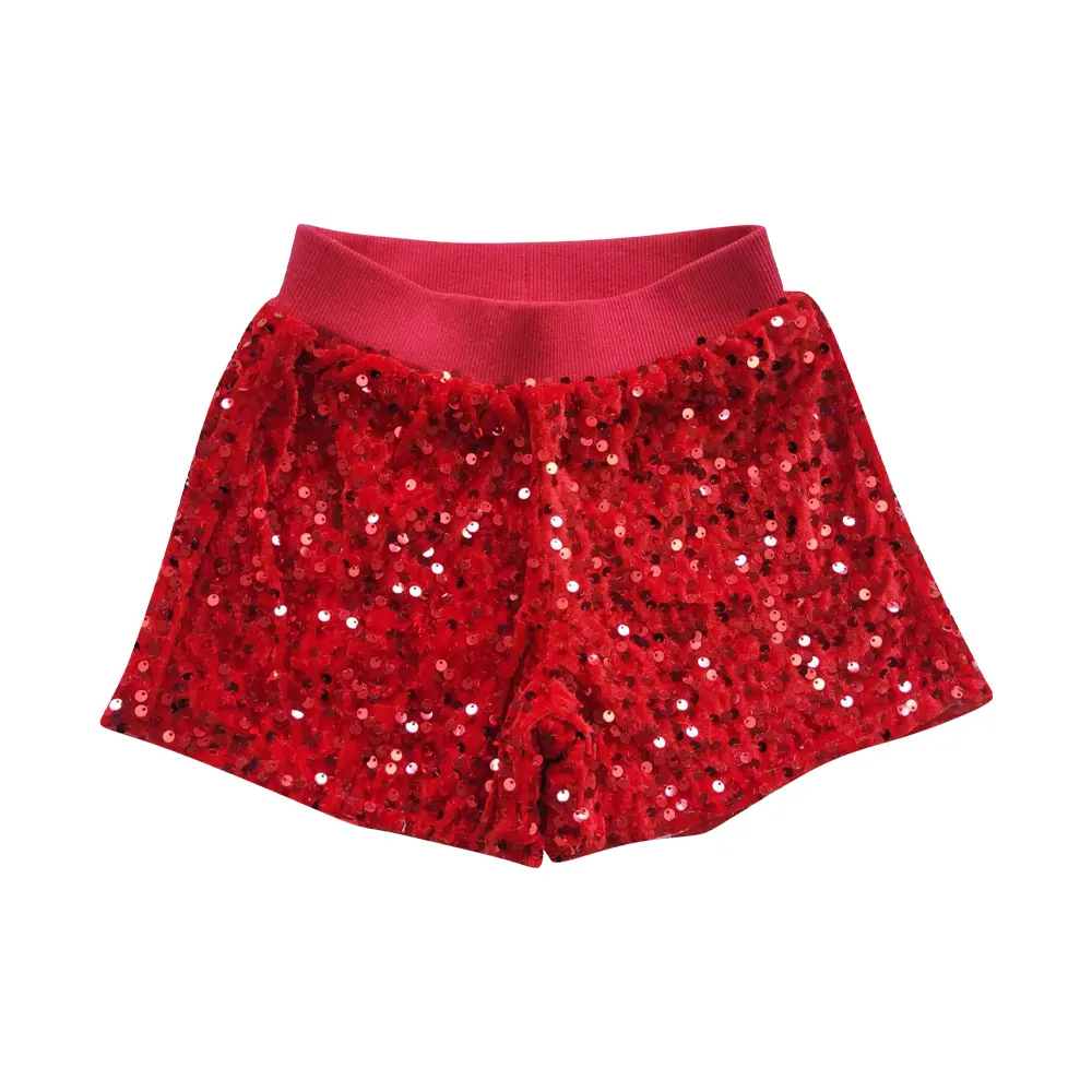 Red Sequined Mid-Waist Girls' Youth Shorts - Sparkly Finish, Elastic Waistband, Youth Short