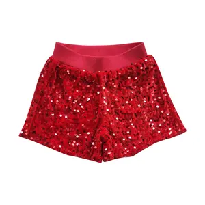 Girls' Classic Red Sequined Mid-Waist Youth Short Set, Elastic Band, Sparkly Finish, Style SS0098