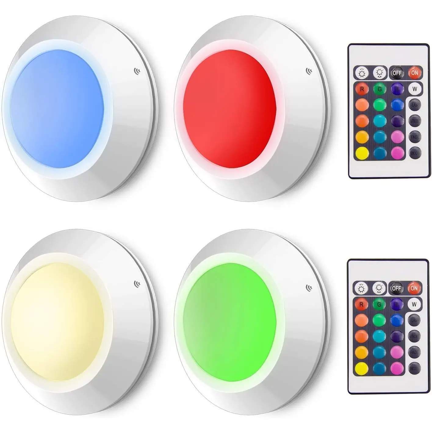 Push Lights, LED Puck Lights with Remote, Battery Operated Under Cabinet Lighting,Cordless RGB Color Changing  Fairy Light with Dimmer, Stick on Light for Closet Classroom Shelf