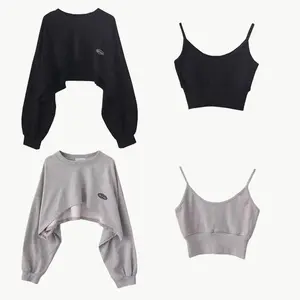 Black/Grey 2-Piece Crop Sweatshirt  Set, Y2K Streetwear Style - Perfect for Casual Outings, Street Snaps & Daily Wear classic hoodie