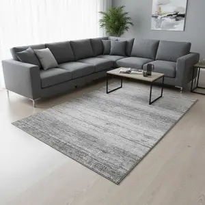 HomeRoots 668124 9 x 12 ft. Gray & Silver Striped Transitional Washable Machine Made Rectangle Area Rug with UV Protection