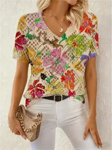 Spring/Summer Collection, V-neck diamond cutout loose short-sleeve cover-up, contrast color floral print short-sleeve women's knitted print top, vacation style, casual elegant commuting, women's vest cover-up, bikini cover-up, bohemian vacation style beac
