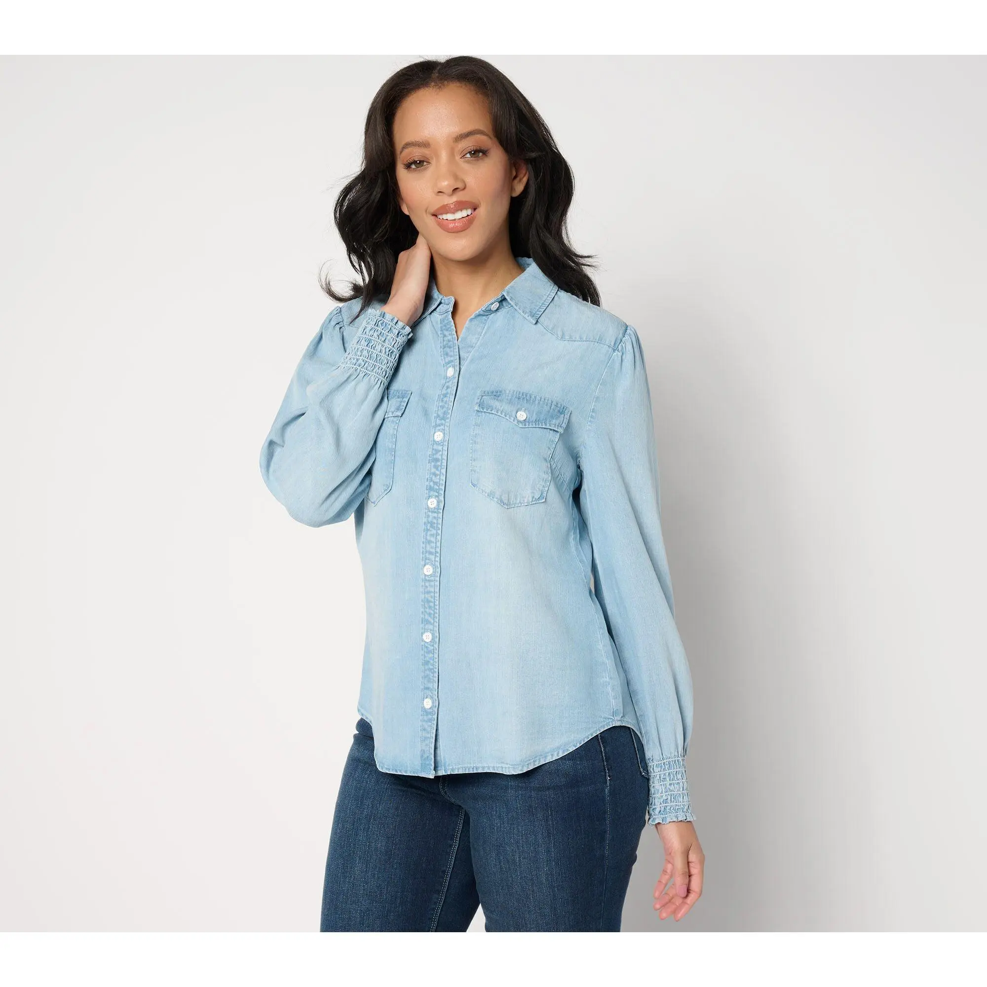 Side Stitch Flap Pocket Button-Front Top - Light Mist