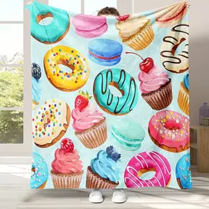 Cute Donut Cupcake Macaron Sweet Dessert Print Soft Cozy Flannel Blanket Kawaii Colorful Food Pattern Warm Fuzzy Plush Throw Perfect Birthday Christmas Gift for Kids Girls Women Dessert Lovers Bedroom Sofa Home Decor