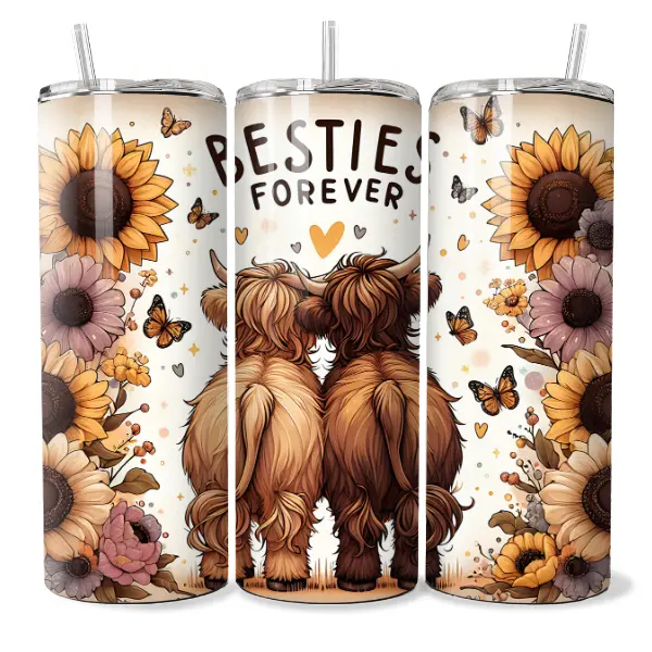 Besties Forever Skinny Tumbler with Straw 20oz Highland Cows Lover Gift Stainless Steel Double Wall Insulated Leak Proof Drinkware - Lid