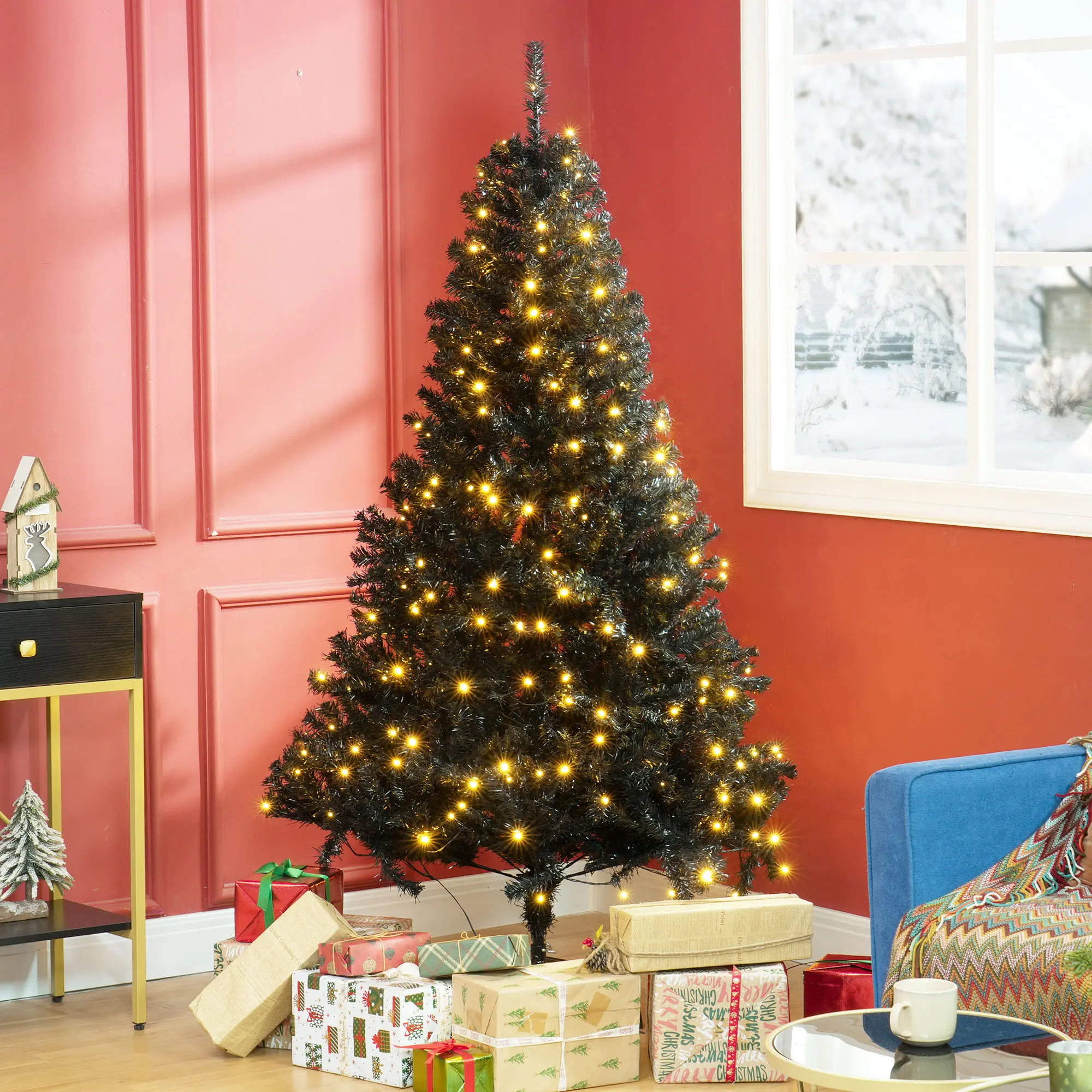 6' Tall Prelit Christmas Tree Douglas Fir Artificial Christmas Tree with Realistic Branches, 250 Warm White LED Lights and 1000 Tips, Black