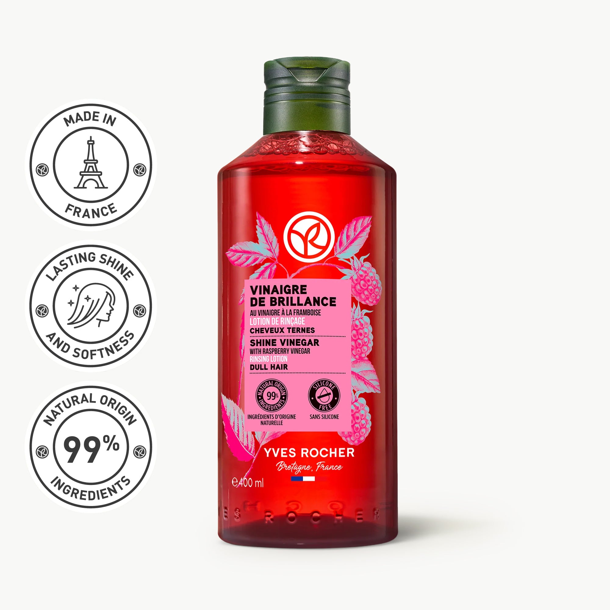 Yves Rocher Hair Shine Vinegar 400ml Hydrating Vinegar Finishing Rinse for Haircare and Cleansing