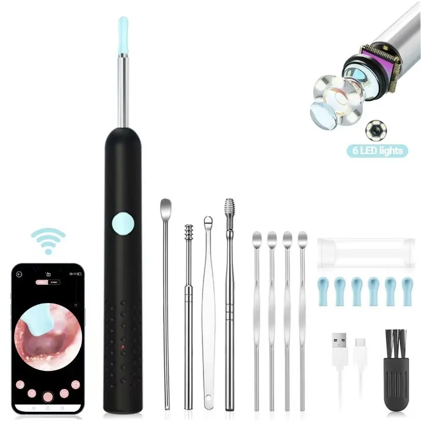 1080P HD Ear Wax Removal Tool with Camera, 6 Ear Spoon Set, Rechargeable USB/Battery Dual Power, tar Cleaning Device for Safe Ear Care Waterproof Ear Cleaning Tool Ear Scoop with Camera Ear Wax Removal Kit Wireless Visual Ear Cleaner Earwax Removal Kit