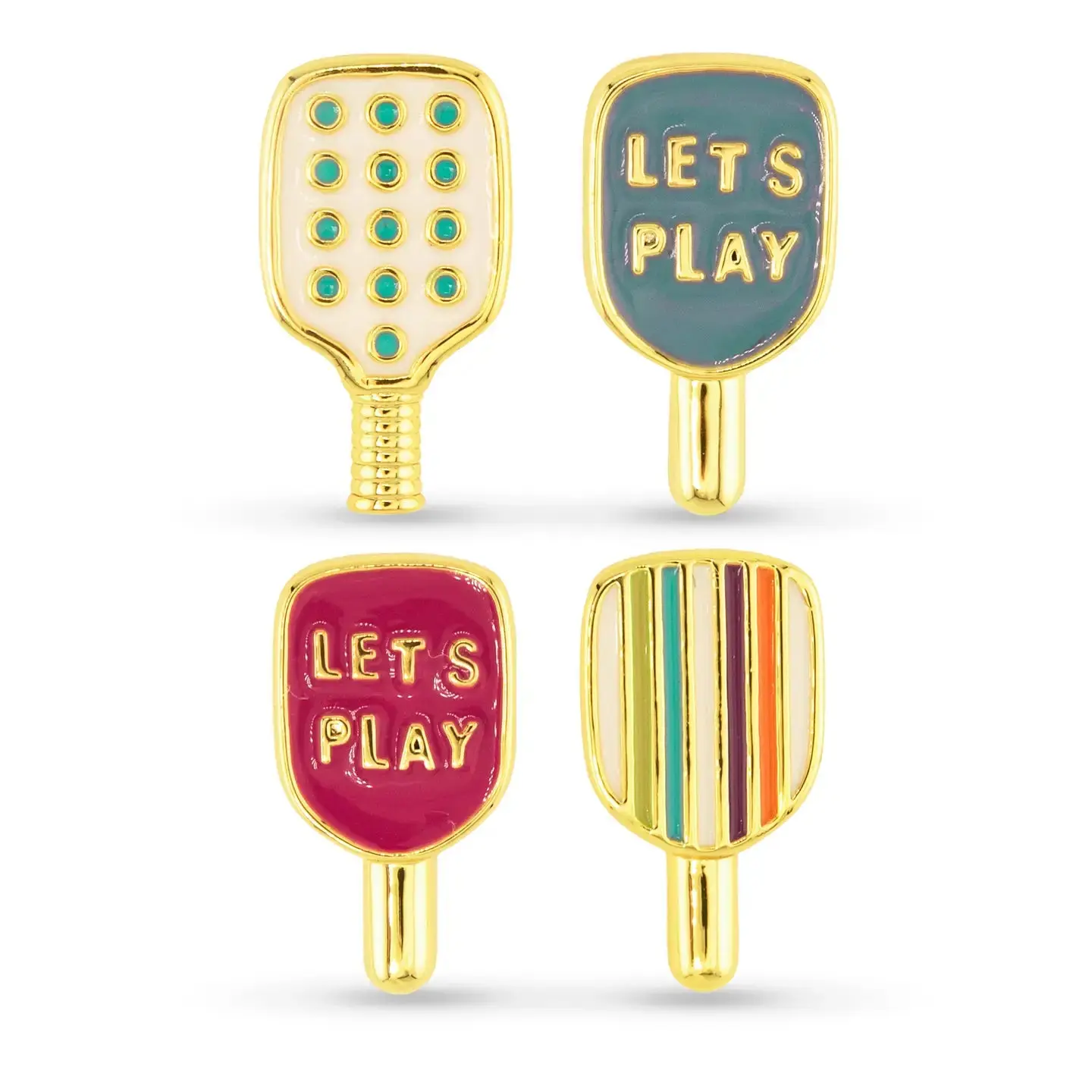 Pickleball Duo Earrings in Gold with Vibrant Enamel Decal | Novelty Collectible Jewelry with Paddle & Ball Charms, Collectibles, Fashion, Paddle And Ball Charms, Sport Chic, Duo Set, Sporty Charm