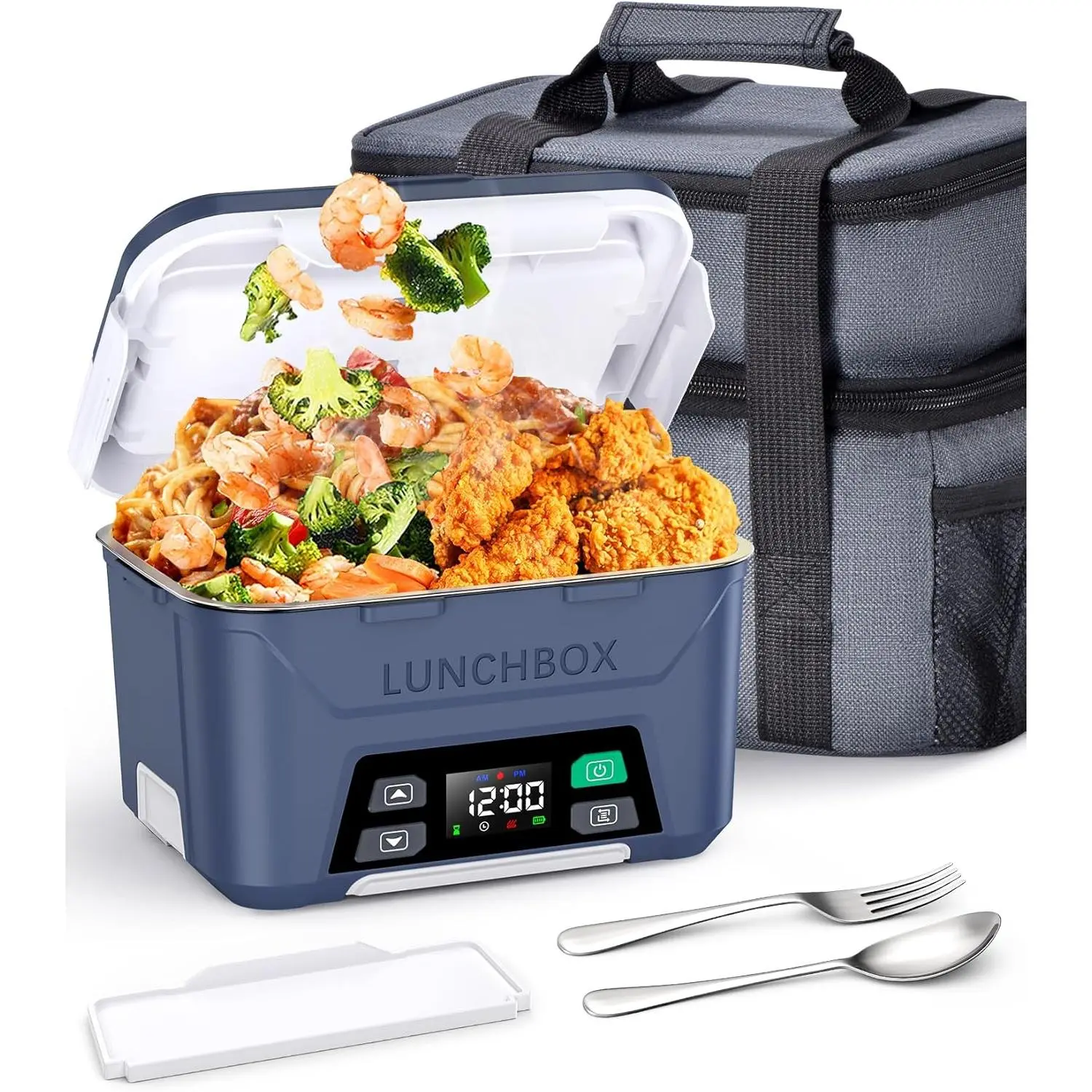 1.3L Insulated Rechargeable Heated Lunch Box for Adults - Cordless Electric Thermal Box with Built-in Scheduled Heating, Tableware Set Including Tray Divider, Lid, Fork, Plate & Full Accessories for Mealtime