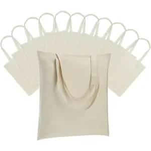 12 Pack Canvas Tote Bag - Lightweight Thin Bulk Blank Reusable Grocery Shopping Bags for DIY Gift Sublimation Activity - Beige