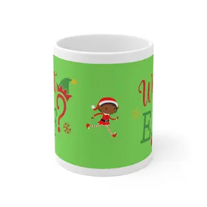 What the Elf Ceramic Mug 11oz Green Background Brown Elf