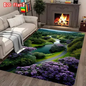 2D flat largevelvet carpet, mountains and flowers, purple flowers sprinkled living room carpet, modern home decoration carpet for foyer, bedroom, and game room