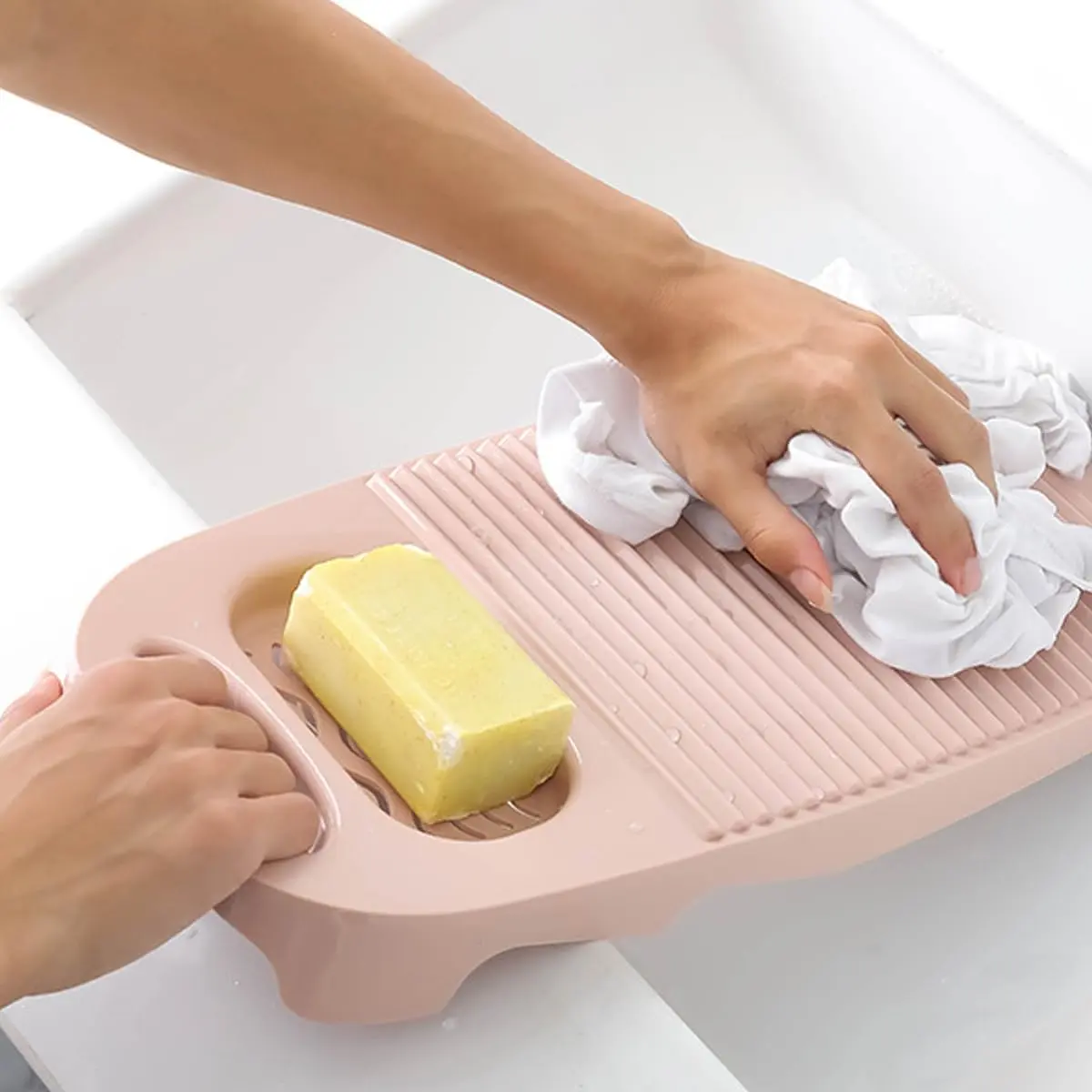 Washboard for Hand Washing Clothes, Plastic Laundry Scrubbing Board with Stand, Portable Household Use (A-Light Pink)