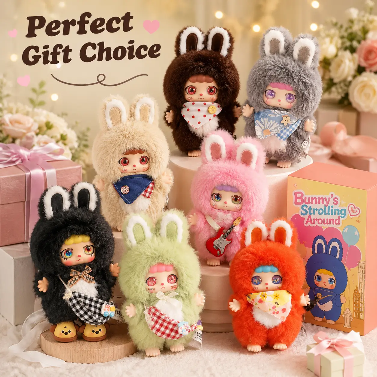Bunny On The Go Series Cute Collectible Plush Toy, Kawaii Bunny Doll, Soft Stuffed Figure for Room Decor, Bag Styling and Gifts