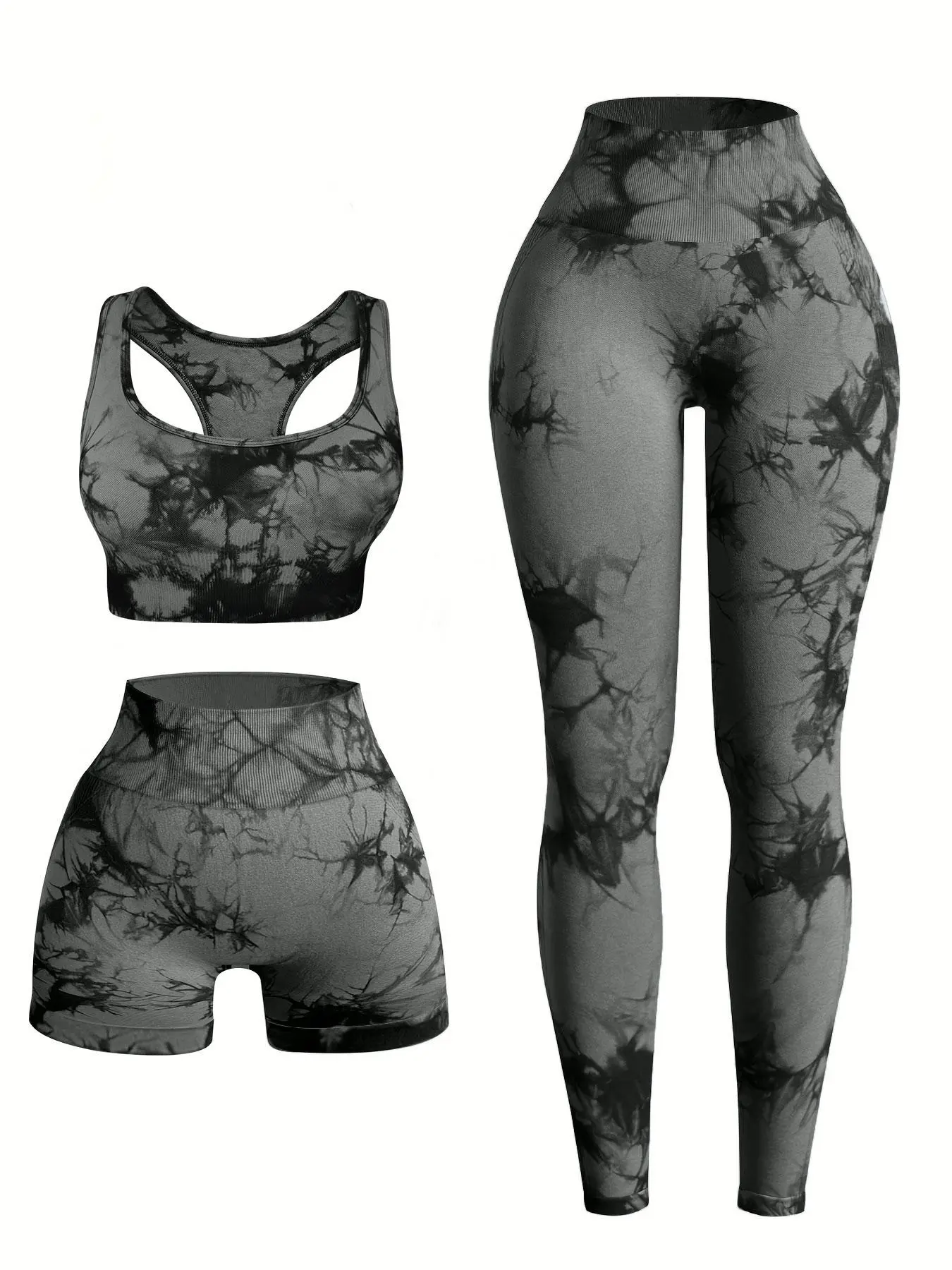 Three-piece Set Women's Tie Dye Print Tracksuit Set, Sporty Scoop Neck Crop Tank Top & High Waist Leggings & Skinny Shorts, Ladies Sportswear Athleisure Wear Set, Athleisure Outfits for Indoor Outdoor Wear High Stretch Activewear Fitness Clothing