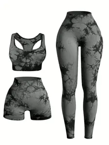 Three-piece Set Women's Tie-Dye Print Set, Sporty Scoop Neck Crop Tank Top & High Waist Leggings & Skinny Shorts, Ladies Sportswear for Indoor and Outdoor Wear, Workout Running Outfits