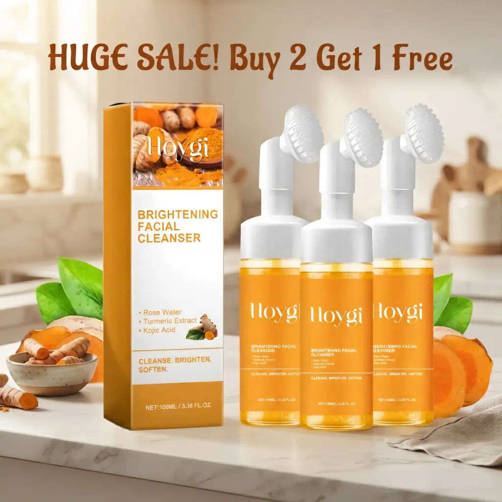 Hoygi Turmeric Foaming Brightening Facial Cleanser with Built-In Brush - Gentle Exfoliating, Oil-Control Face Wash with Kojic Acid, Rose Water for Facial Cleansing (For Men & Women)