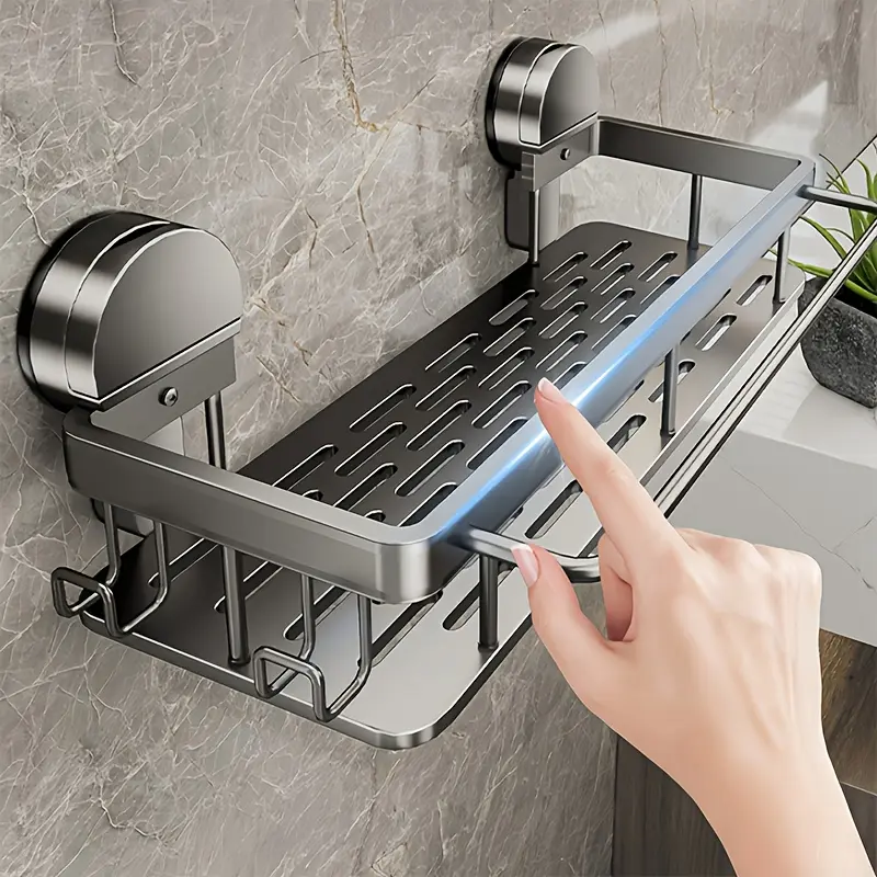 No-Drill Wall-Mounted Aluminum Bathroom Shelf, Bathroom Organizers, Bathroom Organizing Accessories, Heavy-Duty Detachable Design, Stylish Suction Cup, Drainage Design, Easy Clean