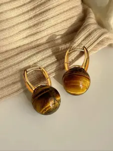 Vintage Hong Kong Style Tiger Eye Stone Earrings, Unique Design Copper Ear Cuffs for Women, Fashionable Fall Winter Jewelry