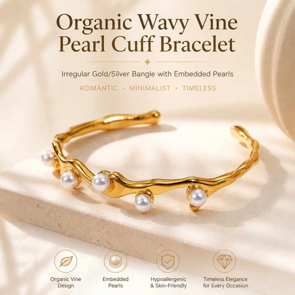 Organic Wavy Vine Pearl Cuff Bracelet, Polished Gold and Silver Irregular Bangle with Embedded Pearls, Minimalist Flowing Line Design, Romantic Elegant Jewelry for Women Daily Wear and Casual Outings.