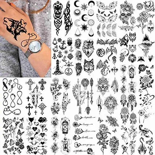 Realistic Temporary Tattoos, 52 Sheets of Waterproof Black Body Art Stickers featuring Tiny Crowns, Stars, and Letters for Men, Women, and Kids, Assorted Temporary Tattoos, Bundle Set Temporary Tattoos