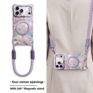 Viral Lotus Aesthetic Liquid Silicone Smartphone Protector Cover - MagSafe, 360° Rotating Stand, Detachable Lanyard, Shockproof, Wireless Tech Accessories for iPhone 16, 16+, 17