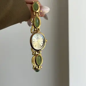 Handmade Green Jade Stone Vintage-Inspired Women's Watch, Handmade Green Stone Bracelet Laides Watch Unique Gift for Her, Chic Gold Oval Dial Women's Watch