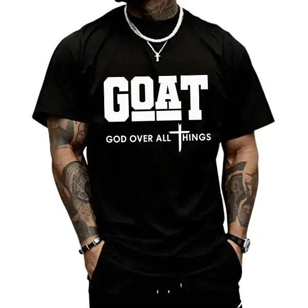 Men's Christian Faith "GOAT God Over All Things" Print Tshirt - Short-Sleeve, Loose Fit, Round-Crew Neck Multi-Size Sports Top for Casual Streetwear (Sports & Outdoor Clothing)