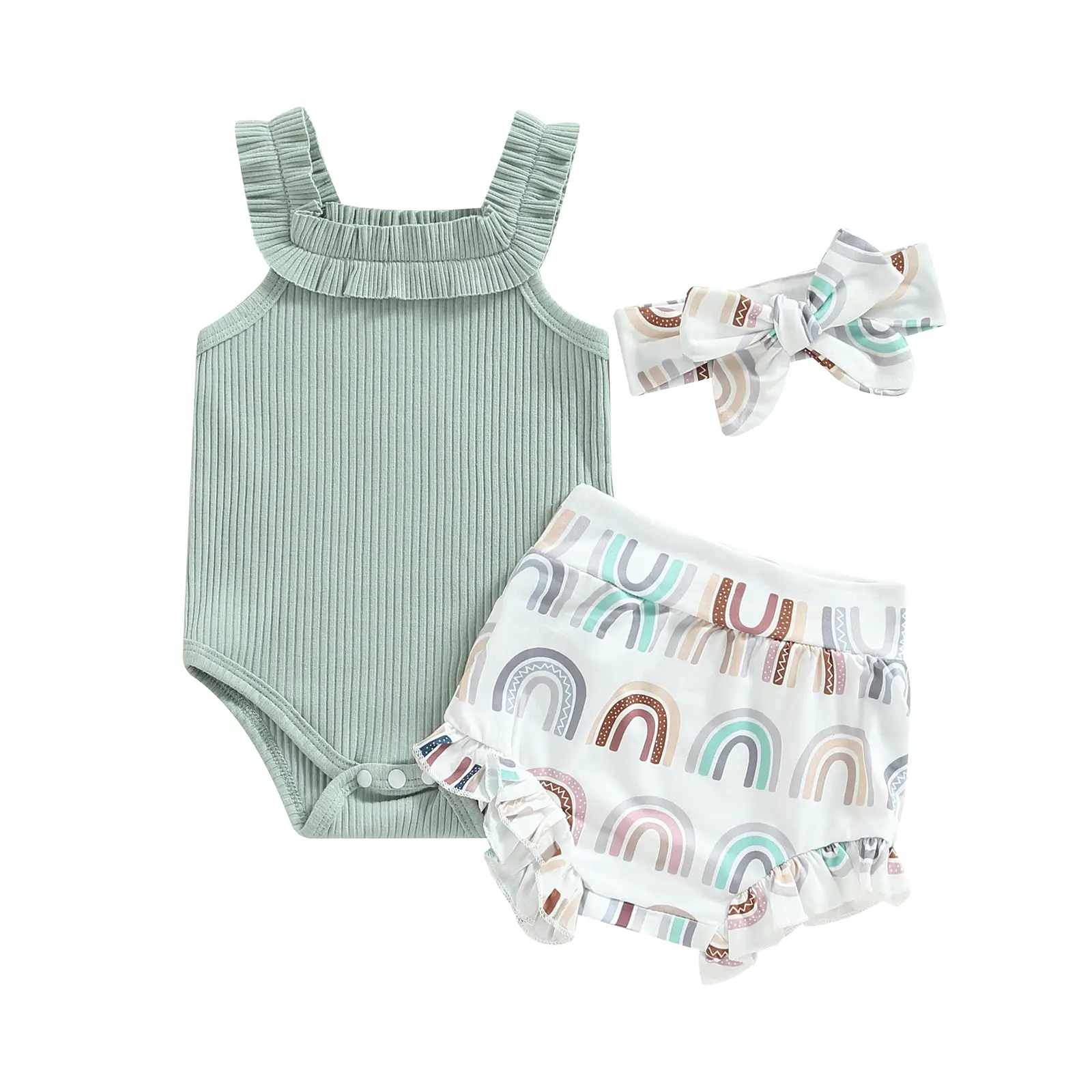 Newborn Baby Girls Clothes Sleeveless Solid Romper Top & Rainbow Shorts Headband 3Pcs Summer Outfits