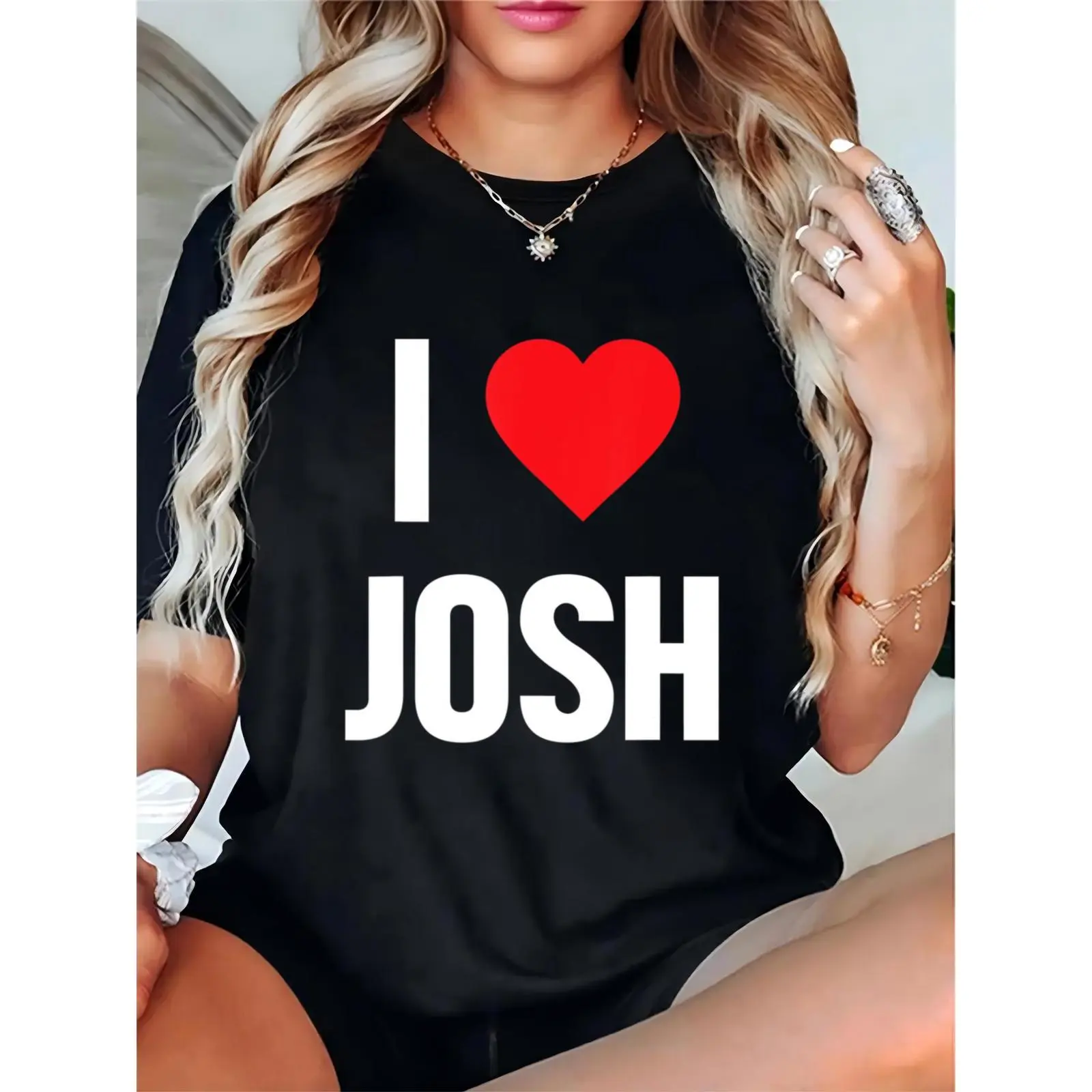 Women's I Love Josh Heart Graphic T - Shirt, Casual Valentine's Day & Daily Wear Top for Girls & Ladies, Cute Love Josh Tee for Dating, Parties & Gifting, Basic, Comfortable, Shortsleeve, Elegant, Feminine, Essential, Cotton, Prints, Fit, Lady