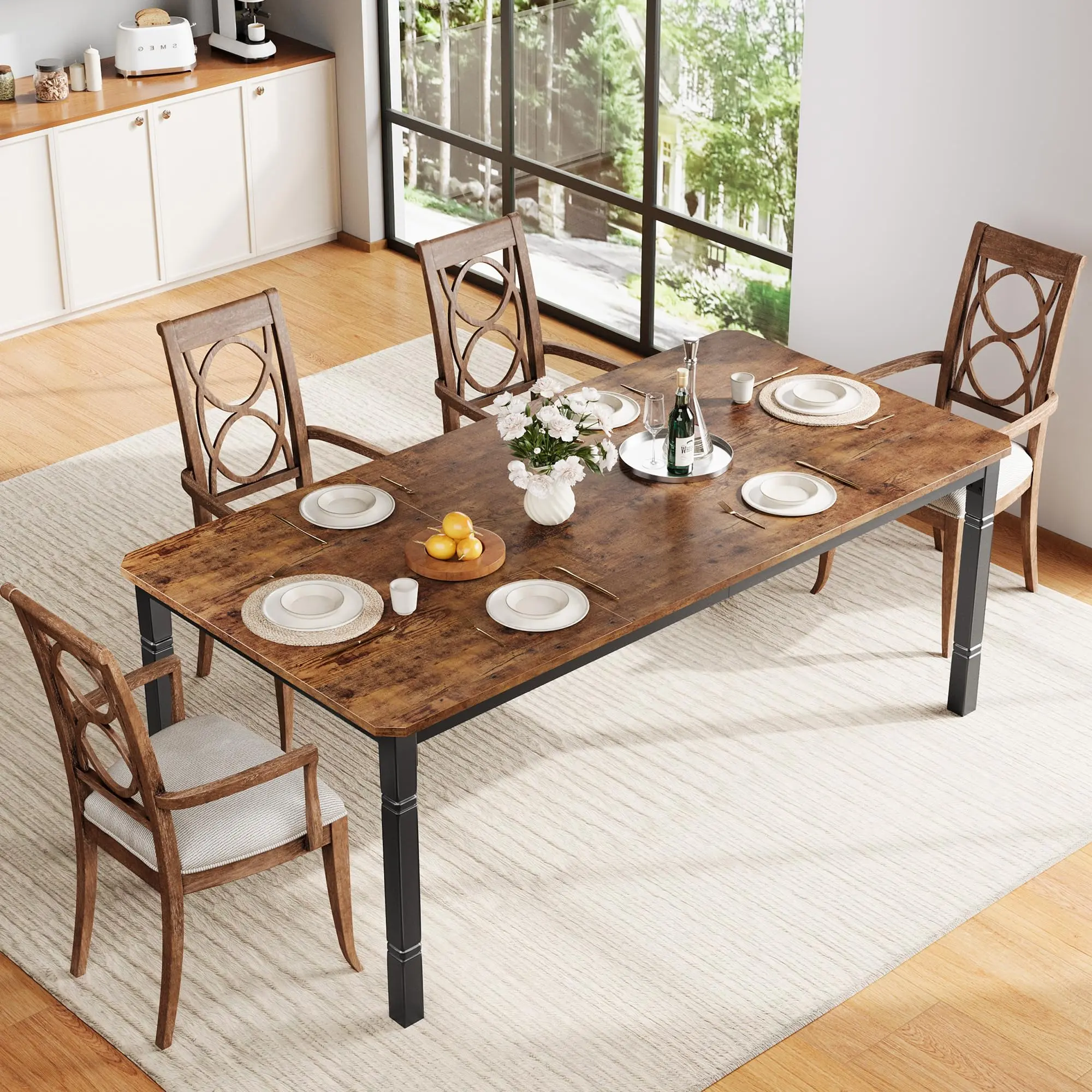 Garvee 70in Farmhouse Dining Table - Rustic Industrial Tables for 6-8 People, Sturdy Metal Frame, Chamfered Corners for Dining Room Breakfast Nook, Dining Tables