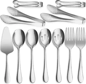 11 Pcs Stainless Steel Serving Utensil Set – Large Spoons, Forks, Tongs & Pie Server – Silver Hostess Gift for Buffet, Catering, Banquet, Party outdoorfun