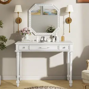 (High end and high-quality)Retro Makeup Desk with Large Mirror, 3-Drawer Dressing Table for Jewelry Storage, Elegant Console Table for Bedroom, Living Room, Hallway & Foyer,White