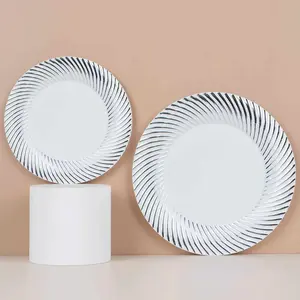 10-Pack Plastic 7" Round Dessert Plates in White with Silver Swirl Rim - Disposable Salad Plates