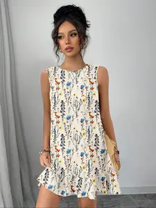 Women's Summer Fashion New Print Casual Wear Vacation Bohemian Boho Sleeveless Back Tie Bow Asymmetrical Hem Dress, Stylish and Comfortable, Perfect for Holidays