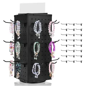 VEVOR Rotating Pegboard Display Stand, 7.4x 7.4x 17 in 4-Sided Spinning Peg Board Display with 24 Hooks, Thickened Cold-Rolled Steel Craft Rack Organizer for Grocery Retail Store Jewelry Shop, Black