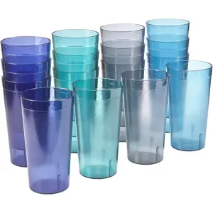 Cafe Plastic Reusable Tumblers (Set of 16) 20-ounce Water Cups Coastal Colors | Restaurant Style Drinking Glasses Value Set, Stackable, BPA-free, Made in the USA | Top-rack Dishwasher Safe