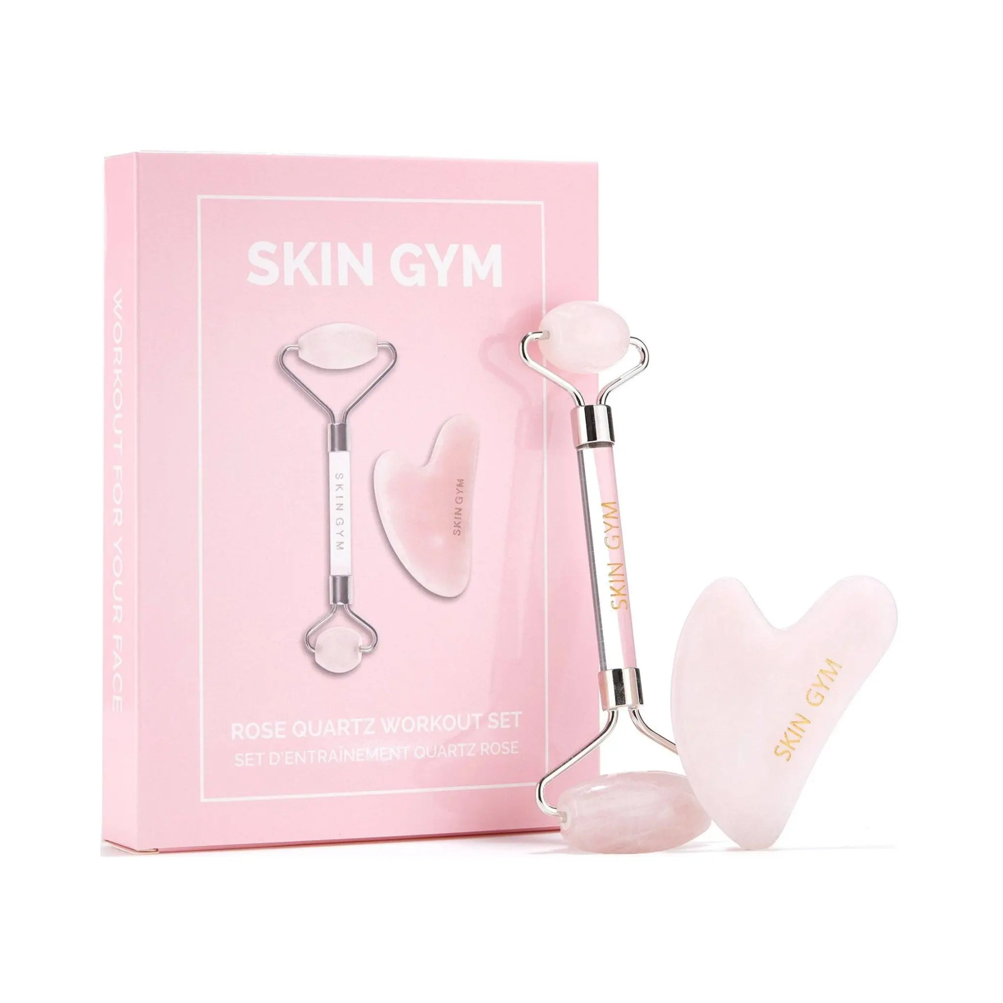 Skin Gym Rose Quartz Workout Set Facial Massage & Skincare Support | Includes Gua Sha & Serum for Self-Care