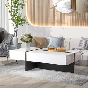 45 Inch Modern Coffee Table for Living Room, White High Gloss Rectangle Cocktail Table with Storage Drawer, Contemporary Center Table for Sofa, Easy Clean & Stable