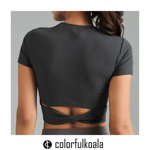 Colorfulkoala Women's Dreamlux Cross-Back Crew Neck Top with Short Sleeves Form-Fitting Athletic Shirt