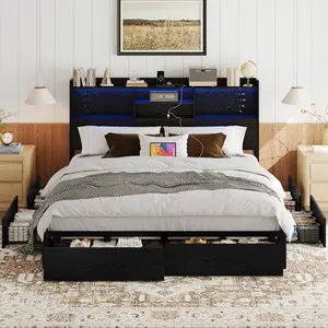 [Summervibes]Belffin Queen Bed Frame with 6 Storage Drawers and Carving Headboard, Wooden Bed Frame with Charging Station and LED Lights, No Noise and Easy Assembly, No Box Spring Needed, Vintage Black