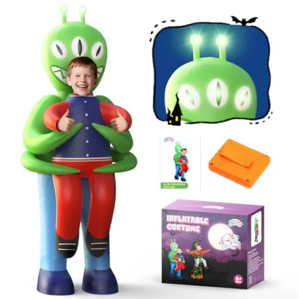 Inflatable Alien Costume with 3D Lights Up Eyes, Dual Power Mode Rapid Inflation Unique Design for Halloween Party & Cosplay Christmas Gift For Age under 10