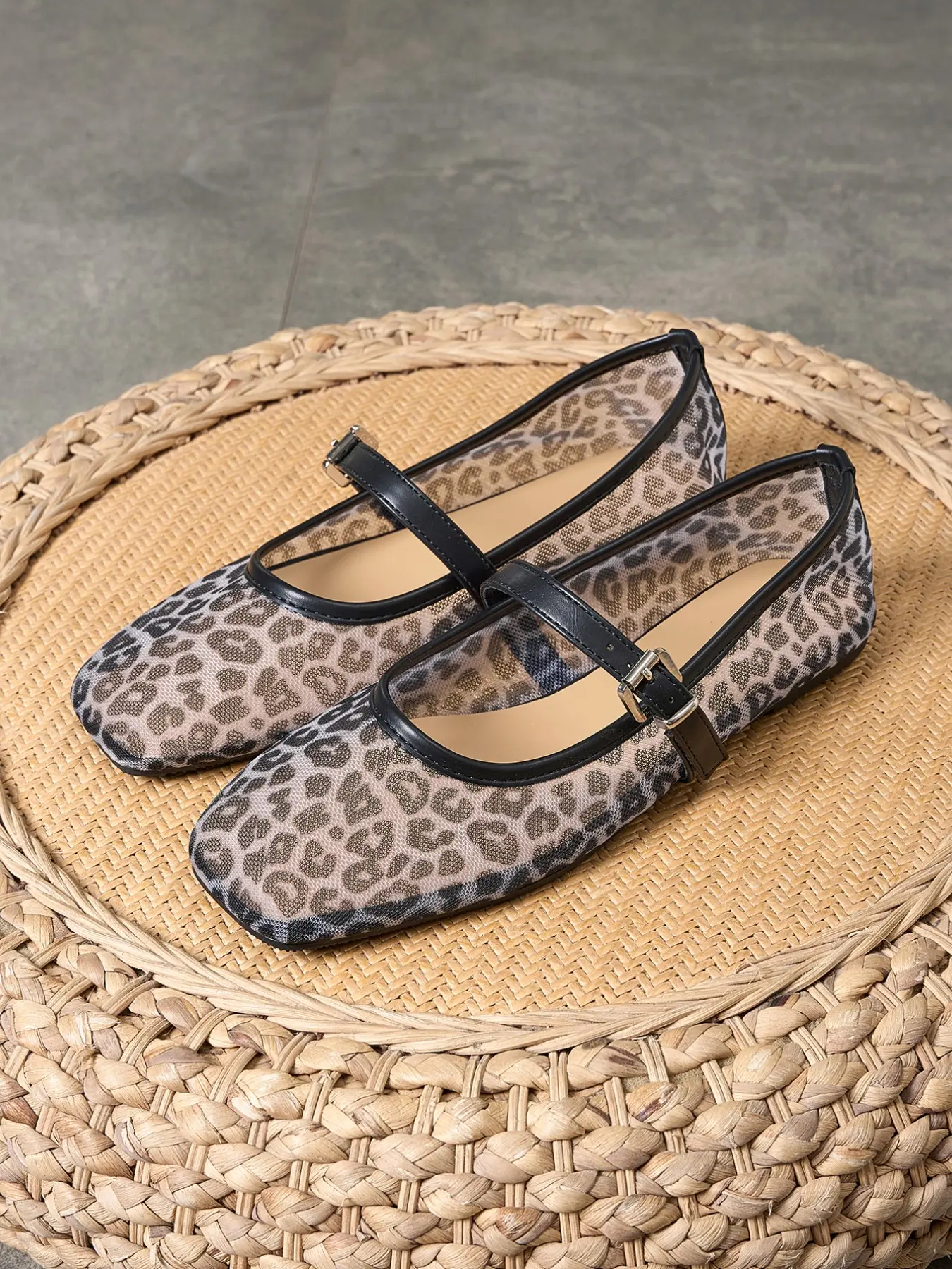 Women's Large Size Rose Square Toe Retro Slip-On Mesh Leopard Print Shoes, Slip On Flats Summer Flat Outdoor Casual Trendy Flat Comfortable Breathable Flats