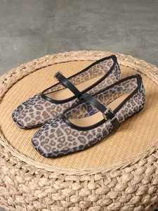 Women's Large Size Rose Square Toe Retro Slip-On Mesh Leopard Print Shoes, Summer Flat Outdoor Casual Comfortable