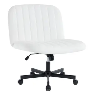 YunKiTech Ergonomic Height-Adjustable Criss Cross Swivel Office Chair with Wheels, Wide Armless WFH Desk & Vanity Chair (White), Ergonomic Chair