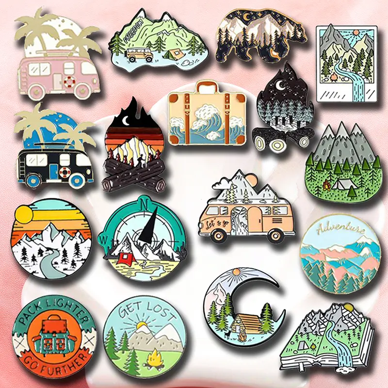 17pcs Interesting camping tourism scenery, outdoor picnics, torches, flames, backpacks, denim clothes, accessories, pins, badges