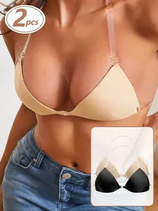 Two-piece Invisible Lift and Gather Sticky Women's Bras with Removable Clear Straps, Reusable, Waterproof and Sweatproof, Seamless Solid Color Self-adhesive, Suitable for Wedding Dresses, Dresses, Valentine's Day Dates, Parties, Strappy Tops, and Everyday