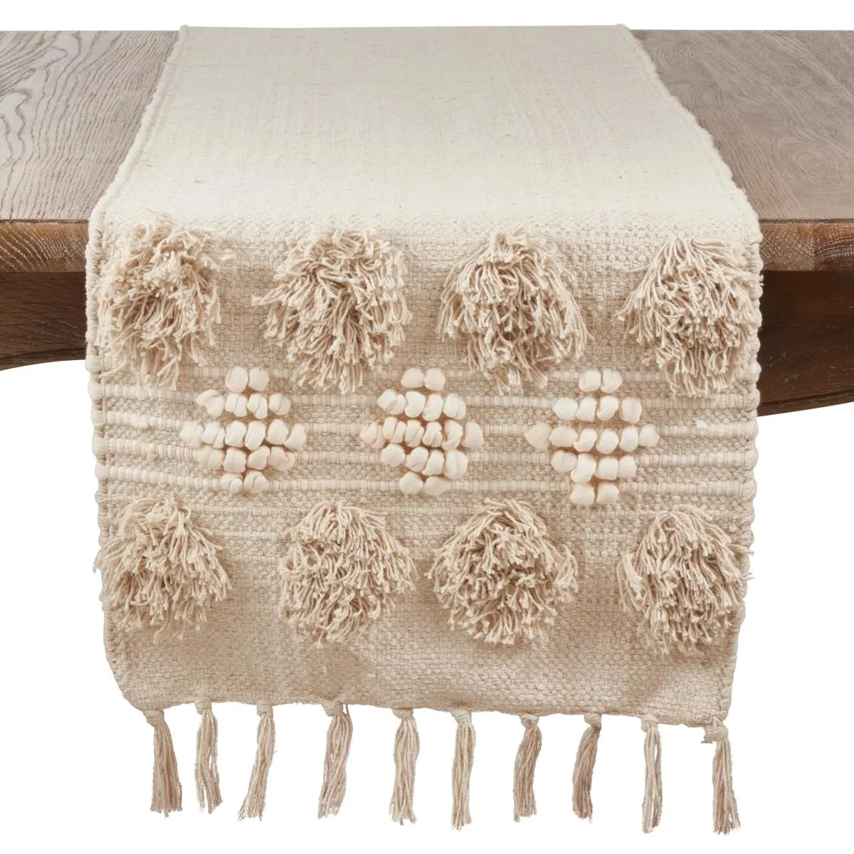 Saro Lifestyle 3201.I1690B Natural Ivory 90-In Moroccan Cotton Table Runner, 1-Piece, Pom Pom Design, All Seasons Kitchen Household Textile