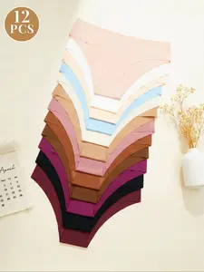 12Pcs Women's Seamless Breathable Comfort Underwear Set, Multicolor Classic Fitted Casual Soft Panties, Sporty Style All-Season Wear